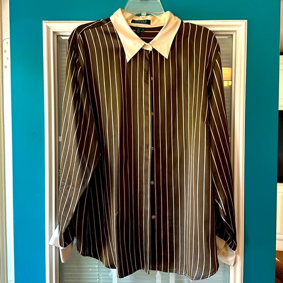 Lauren Ralph Lauren Silk Button Down Blouse Brown With Cream Stripe Sz 20 W - Picture 1 of 4